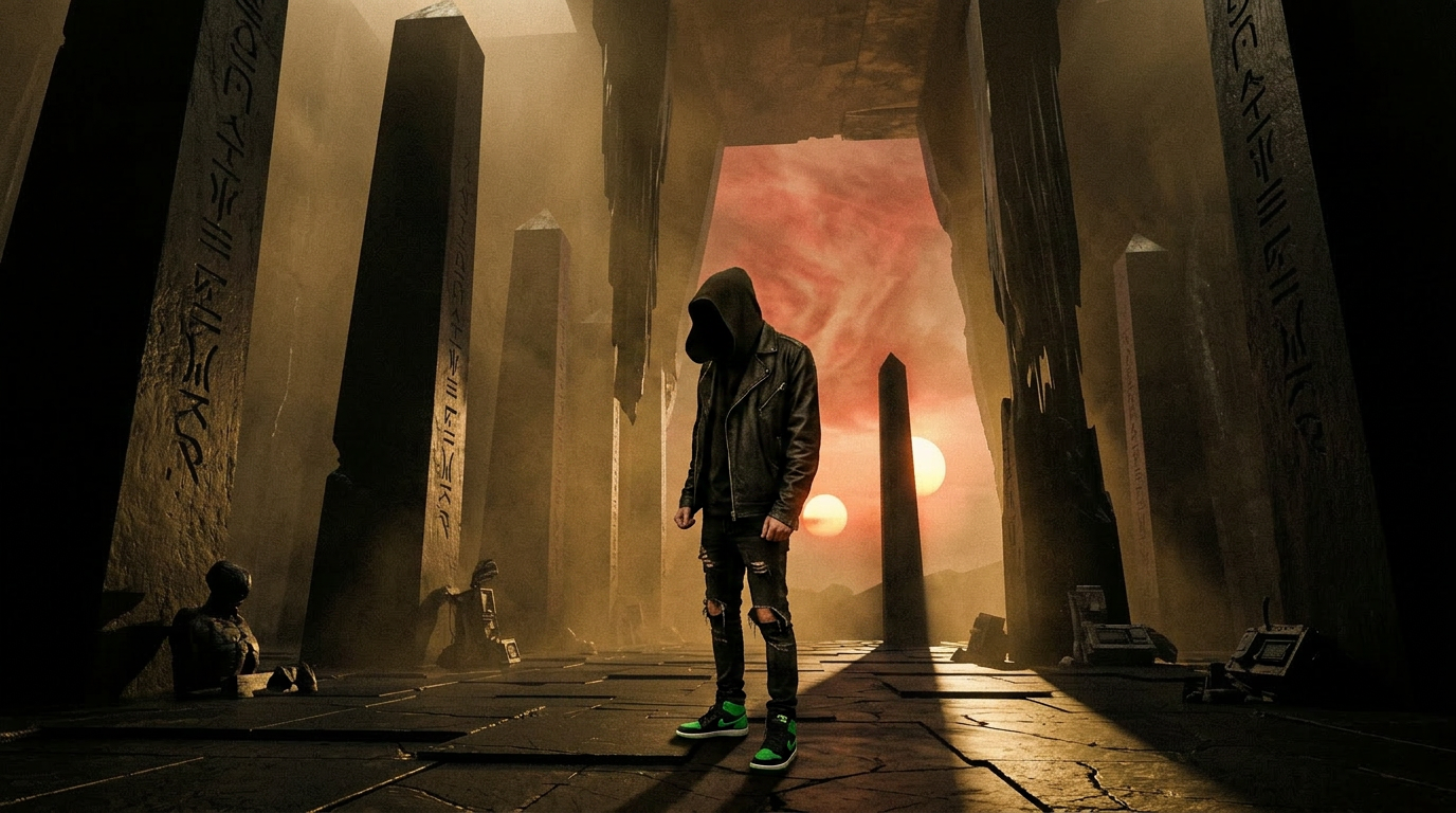 Hooded figure inside a monumental alien monolith chamber under twin suns